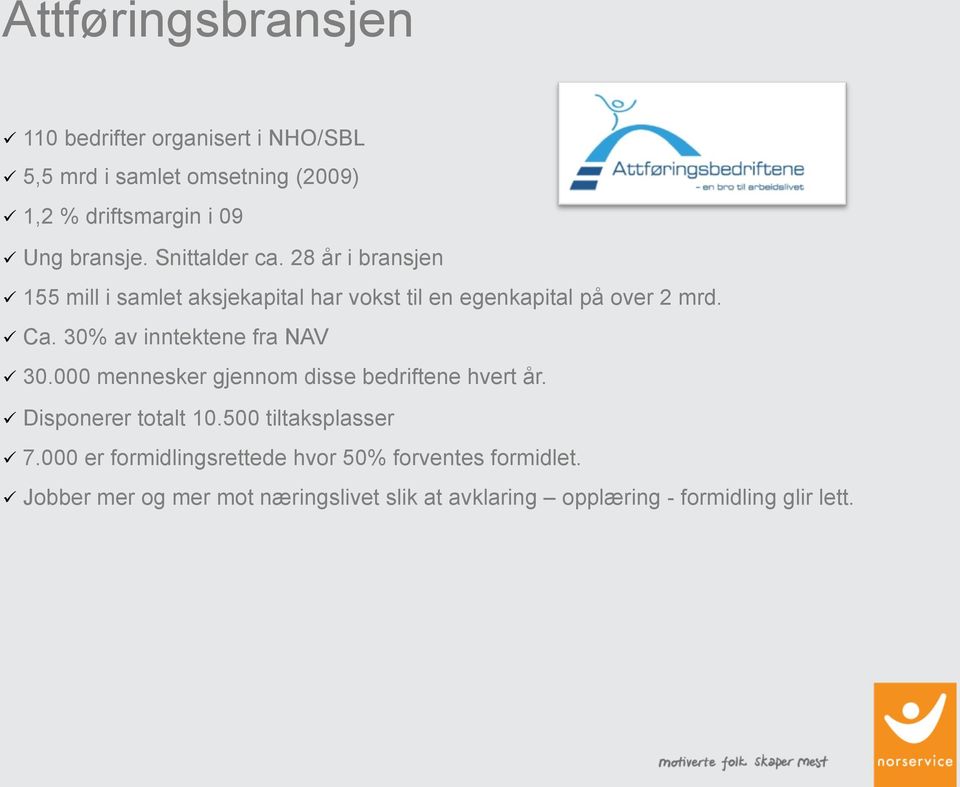 30% av inntektene fra NAV ü 30.000 mennesker gjennom disse bedriftene hvert år. ü Disponerer ü 7.000 totalt 10.