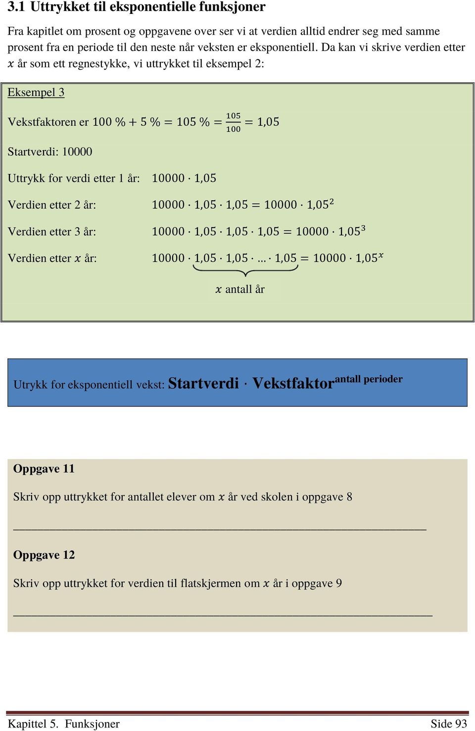 10000 1,05 Verdien etter 2 år: 10000 1,05 1,05 = 10000 1,05 2 Verdien etter 3 år: 10000 1,05 1,05 1,05 = 10000 1,05 3 Verdien etter x år: 10000 1,05 1,05 1,05 = 10000 1,05 x x antall år antall