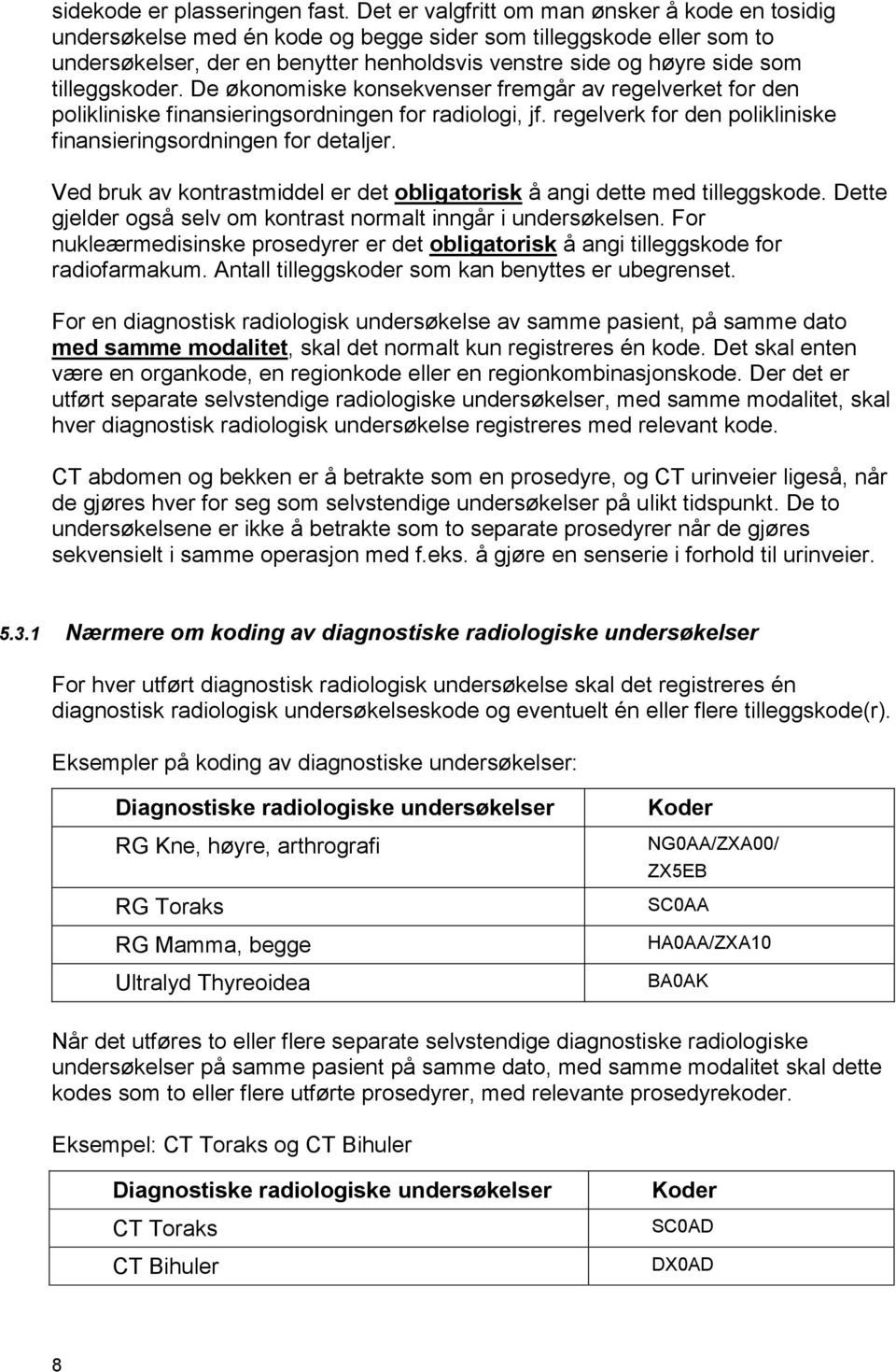 tilleggskoder. De økonomiske konsekvenser fremgår av regelverket for den polikliniske finansieringsordningen for radiologi, jf. regelverk for den polikliniske finansieringsordningen for detaljer.