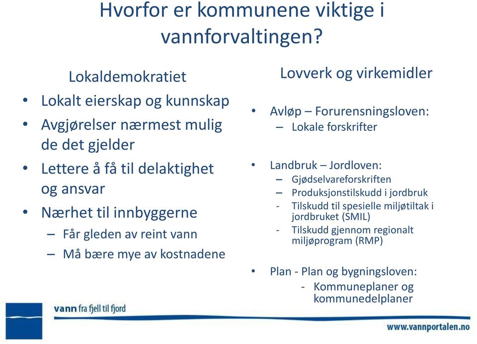 innbyggerne Får gleden av reint vann Må bære mye av kostnadene Lovverk og virkemidler Avløp Forurensningsloven: Lokale forskrifter Landbruk