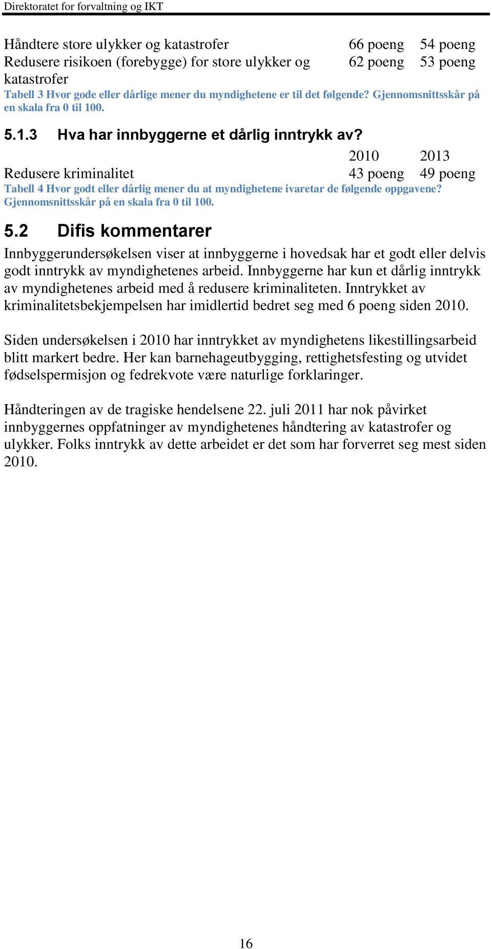 2010 2013 Redusere kriminalitet 43 poeng 49 poeng Tabell 4 Hvor godt eller dårlig mener du at myndighetene ivaretar de følgende oppgavene? Gjennomsnittsskår på en skala fra 0 til 100. 5.