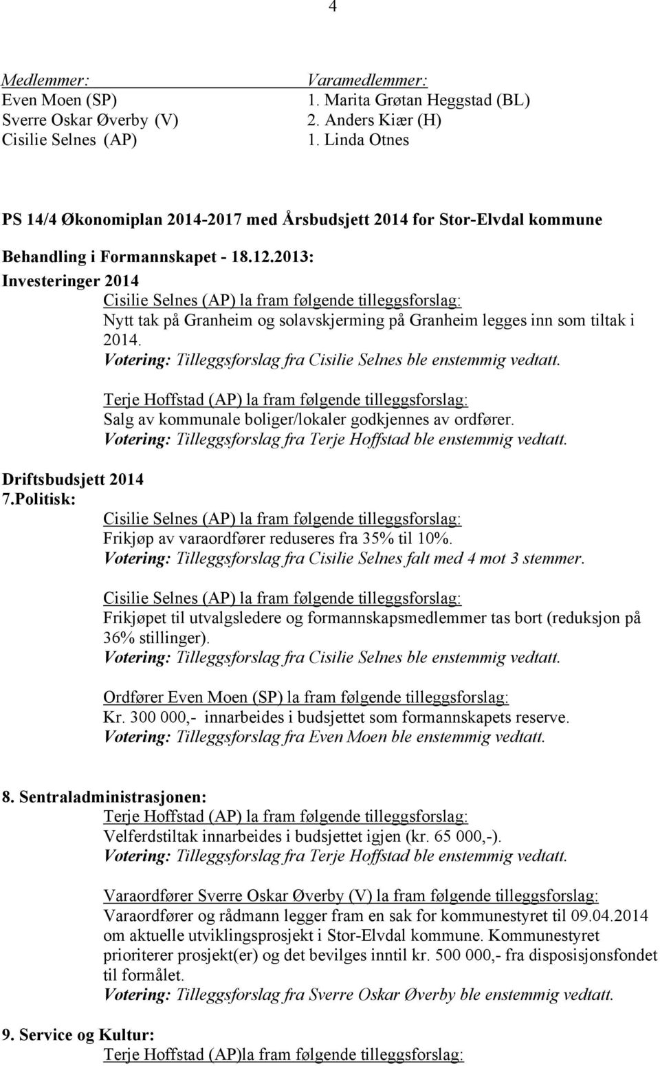 2013: Investeringer 2014 Cisilie Selnes (AP) la fram følgende tilleggsforslag: Nytt tak på Granheim og solavskjerming på Granheim legges inn som tiltak i 2014.