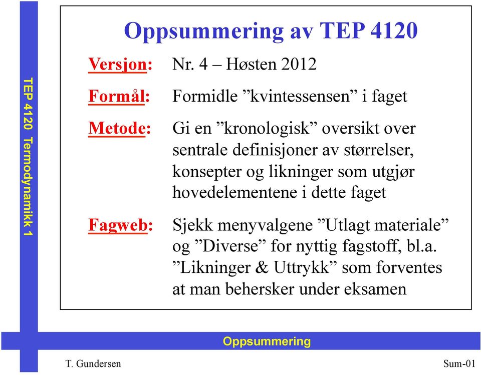 sentrale definisjoner av størrelser, konsepter og likninger som utgjør hovedelementene i