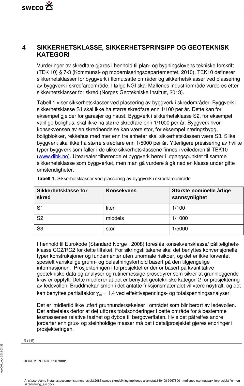 I følge NGI skal Møllenes industriområde vurderes etter sikkerhetsklasser for skred (Norges Geotekniske Institutt, 2013). Tabell 1 viser sikkerhetsklasser ved plassering av byggverk i skredområder.