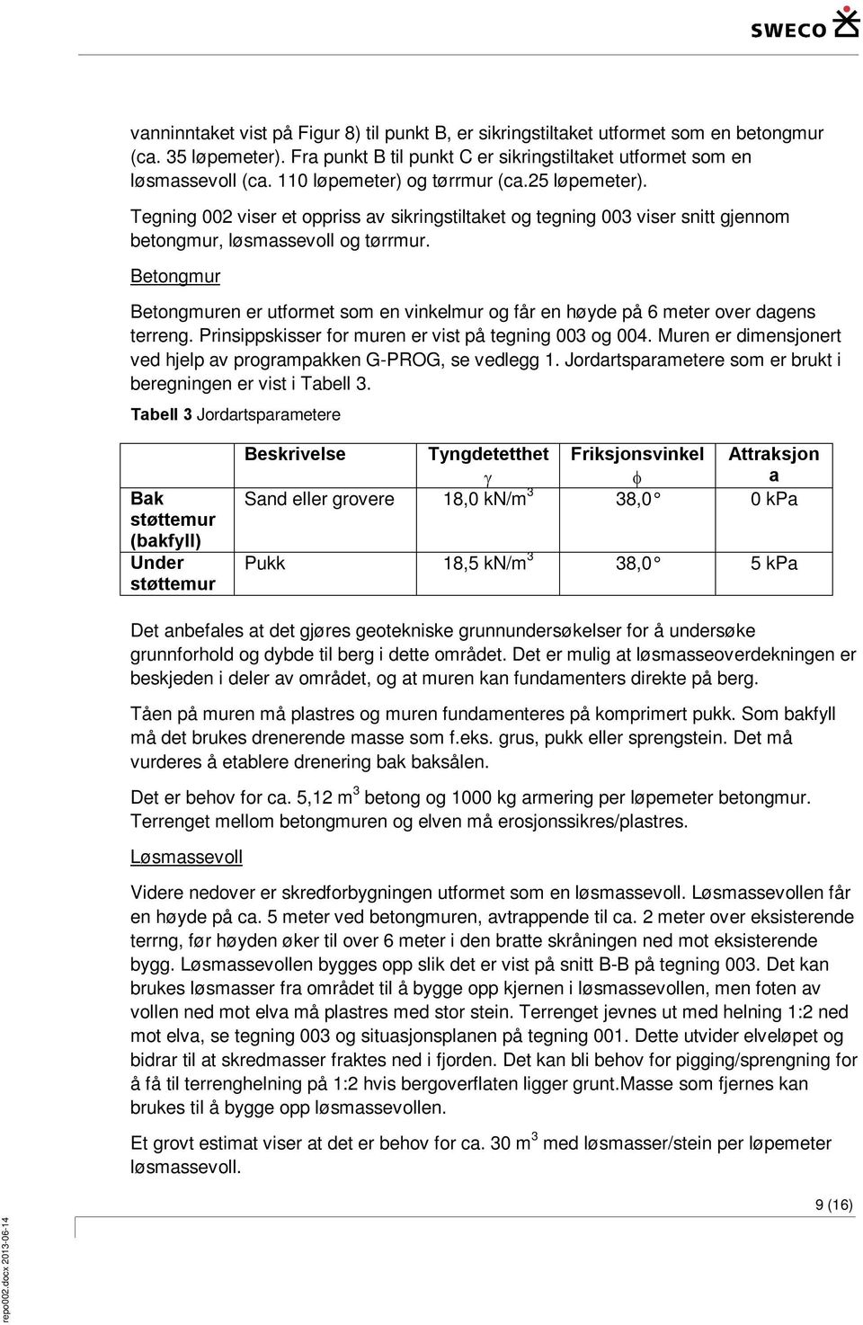 Betongmur Betongmuren er utformet som en vinkelmur og får en høyde på 6 meter over dagens terreng. Prinsippskisser for muren er vist på tegning 003 og 004.