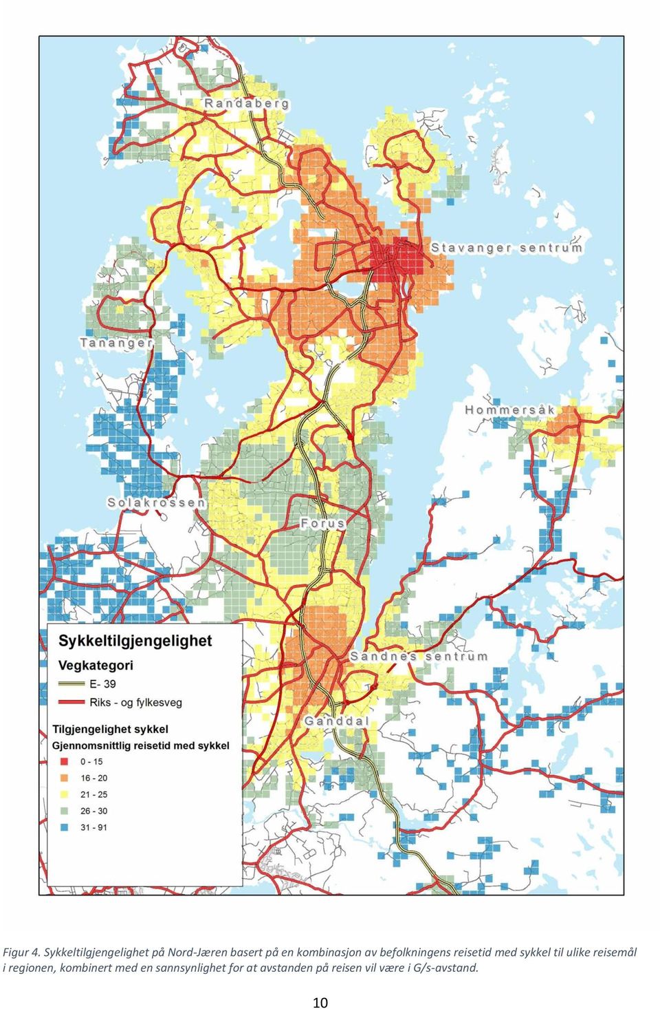 kombinasjon av befolkningens reisetid med sykkel til