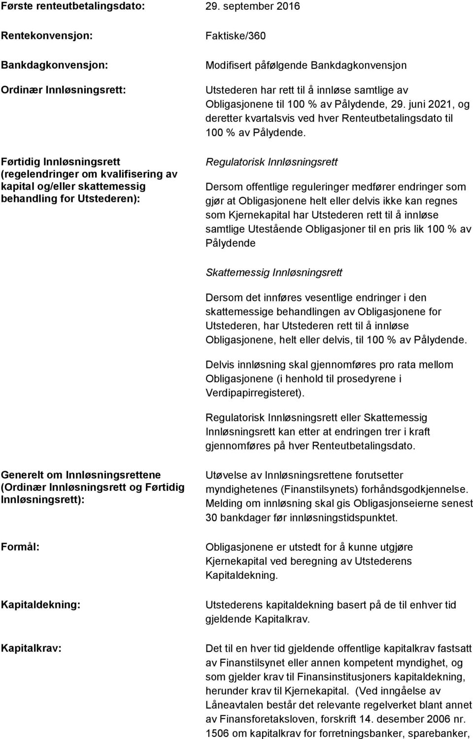 Faktiske/360 Modifisert påfølgende Bankdagkonvensjon Utstederen har rett til å innløse samtlige av Obligasjonene til 100 % av Pålydende, 29.