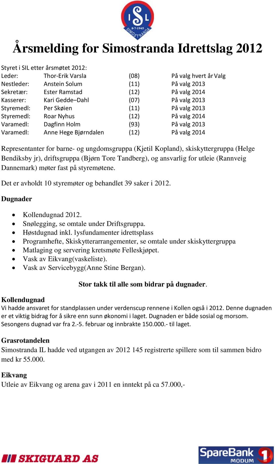 Bjørndalen (12) På valg 2014 Representanter for barne- og ungdomsgruppa (Kjetil Kopland), skiskyttergruppa (Helge Bendiksby jr), driftsgruppa (Bjørn Tore Tandberg), og ansvarlig for utleie (Rannveig