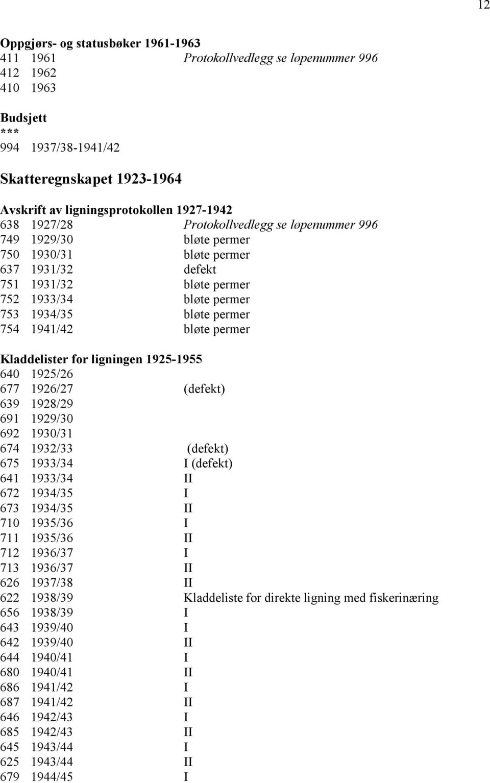 permer 754 1941/42 bløte permer Kladdelister for ligningen 1925-1955 640 1925/26 677 1926/27 (defekt) 639 1928/29 691 1929/30 692 1930/31 674 1932/33 (defekt) 675 1933/34 I (defekt) 641 1933/34 II