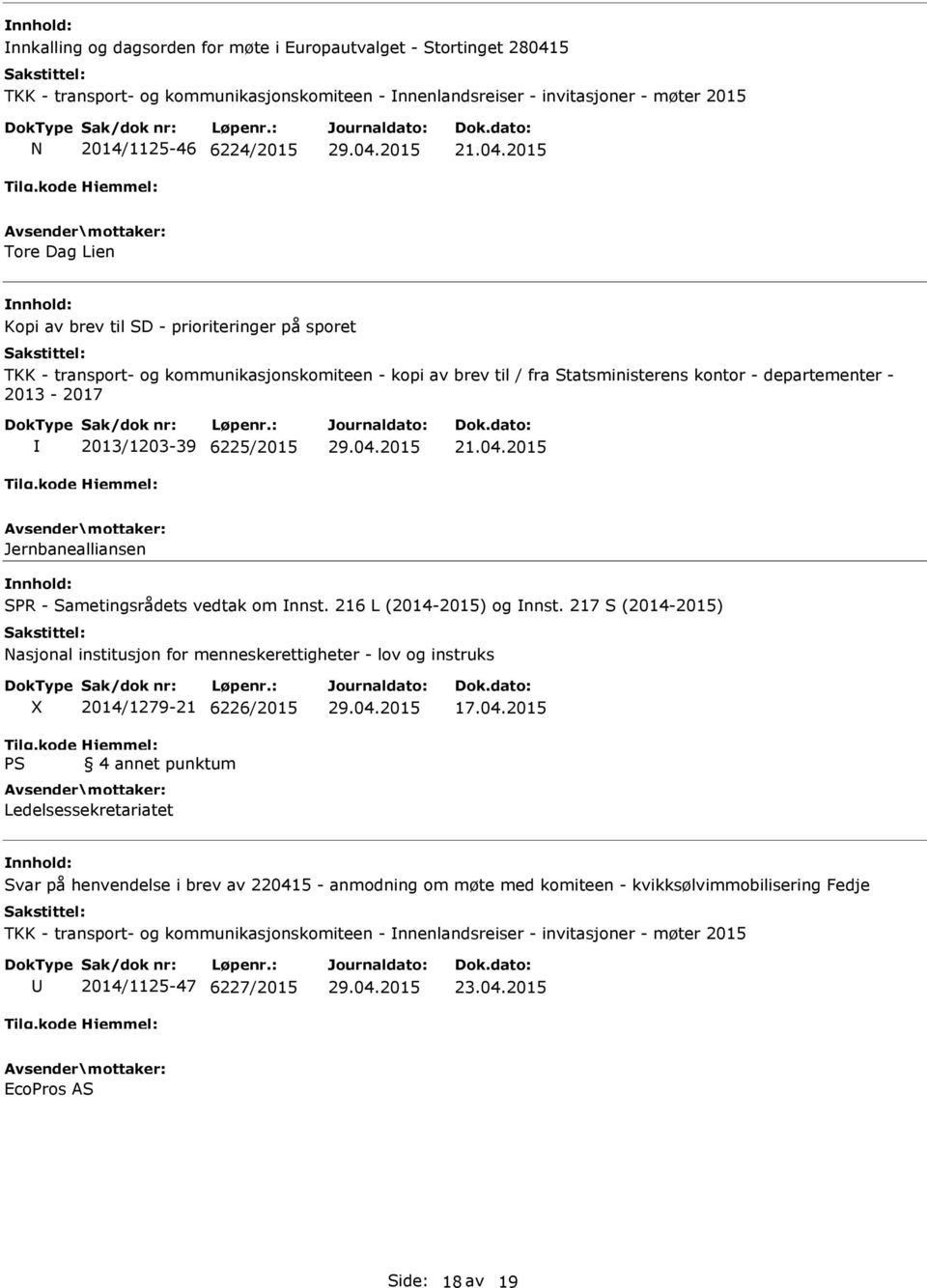 2015 Tore Dag Lien Kopi av brev til - prioriteringer på sporet TKK - transport- og kommunikasjonskomiteen - kopi av brev til / fra Statsministerens kontor - departementer - 2013-2017 2013/1203-39