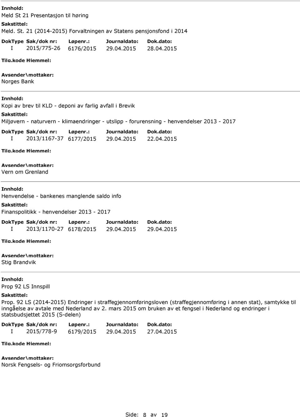 21 (2014-2015) Forvaltningen av Statens pensjonsfond i 2014 2015/775-26 6176/2015 Norges Bank Kopi av brev til KLD - deponi av farlig avfall i Brevik Miljøvern - naturvern - klimaendringer -