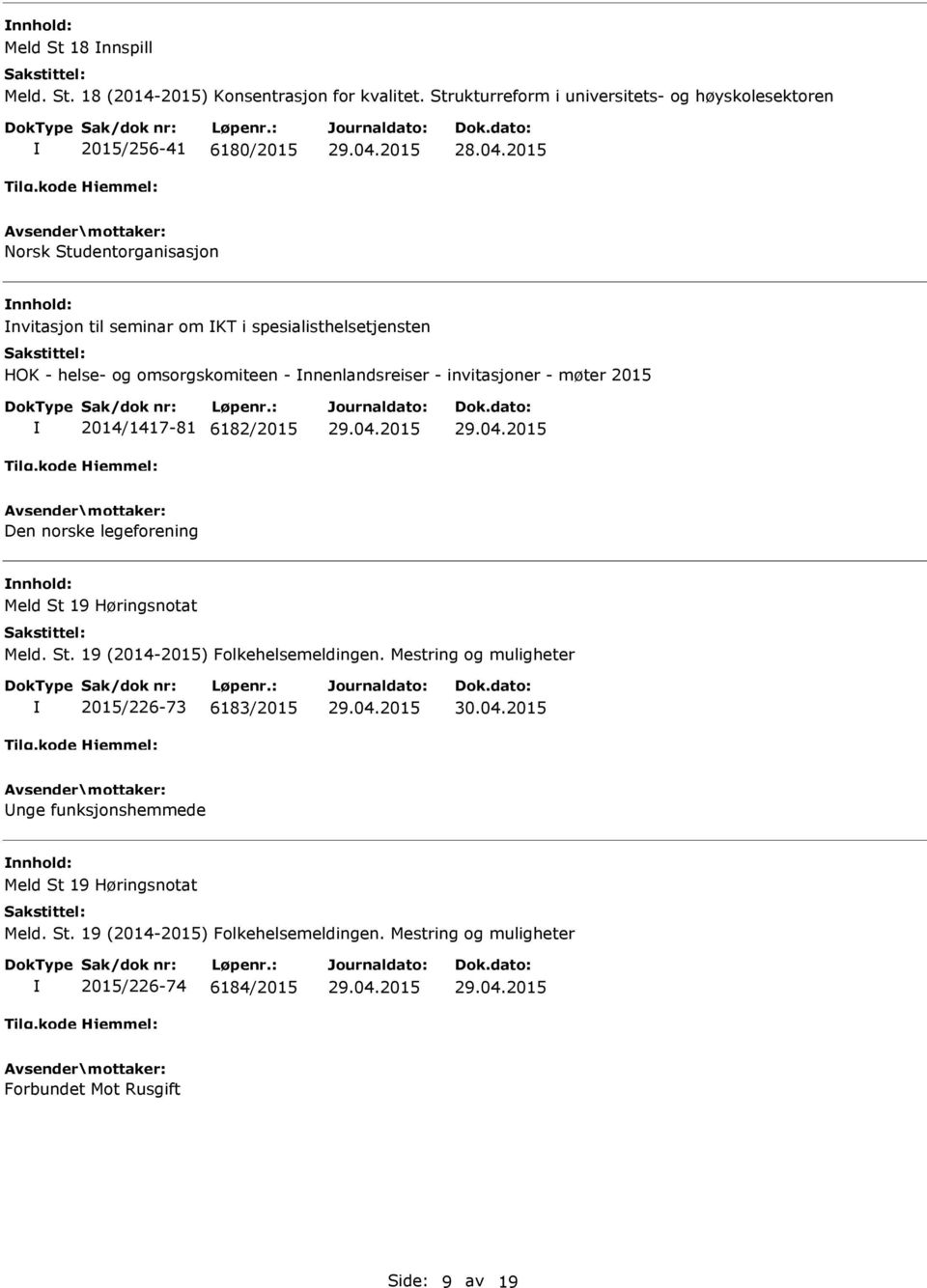 helse- og omsorgskomiteen - nnenlandsreiser - invitasjoner - møter 2015 2014/1417-81 6182/2015 Den norske legeforening Meld St 