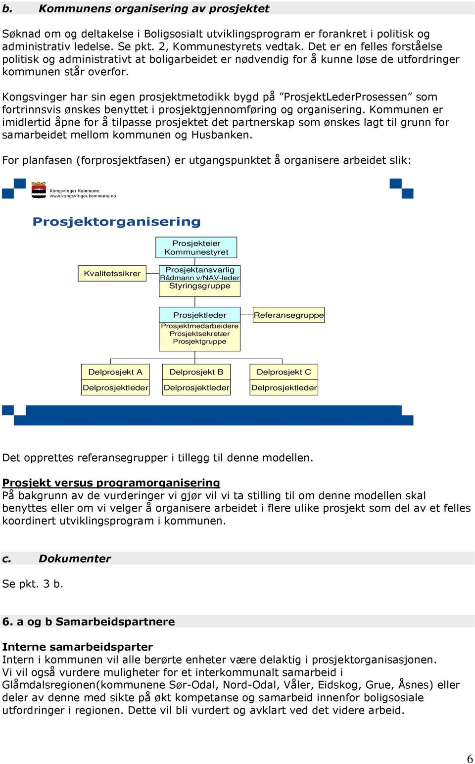 Kongsvinger har sin egen prosjektmetodikk bygd på ProsjektLederProsessen som fortrinnsvis ønskes benyttet i prosjektgjennomføring og organisering.