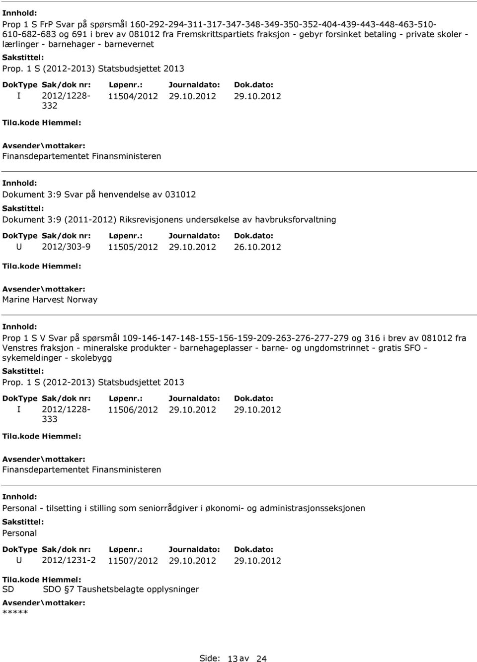 undersøkelse av havbruksforvaltning 2012/303-9 11505/2012 Marine Harvest Norway Prop 1 S V Svar på spørsmål 109-146-147-148-155-156-159-209-263-276-277-279 og 316 i brev av 081012 fra Venstres