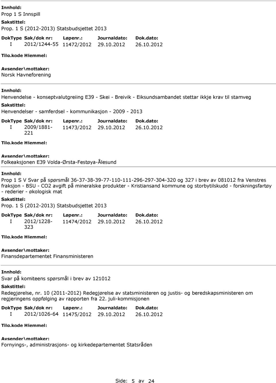 Venstres fraksjon - BS - CO2 avgift på mineralske produkter - Kristiansand kommune og storbytilskudd - forskningsfartøy - rederier - økologisk mat 323 11474/2012 Finansdepartementet Finansministeren