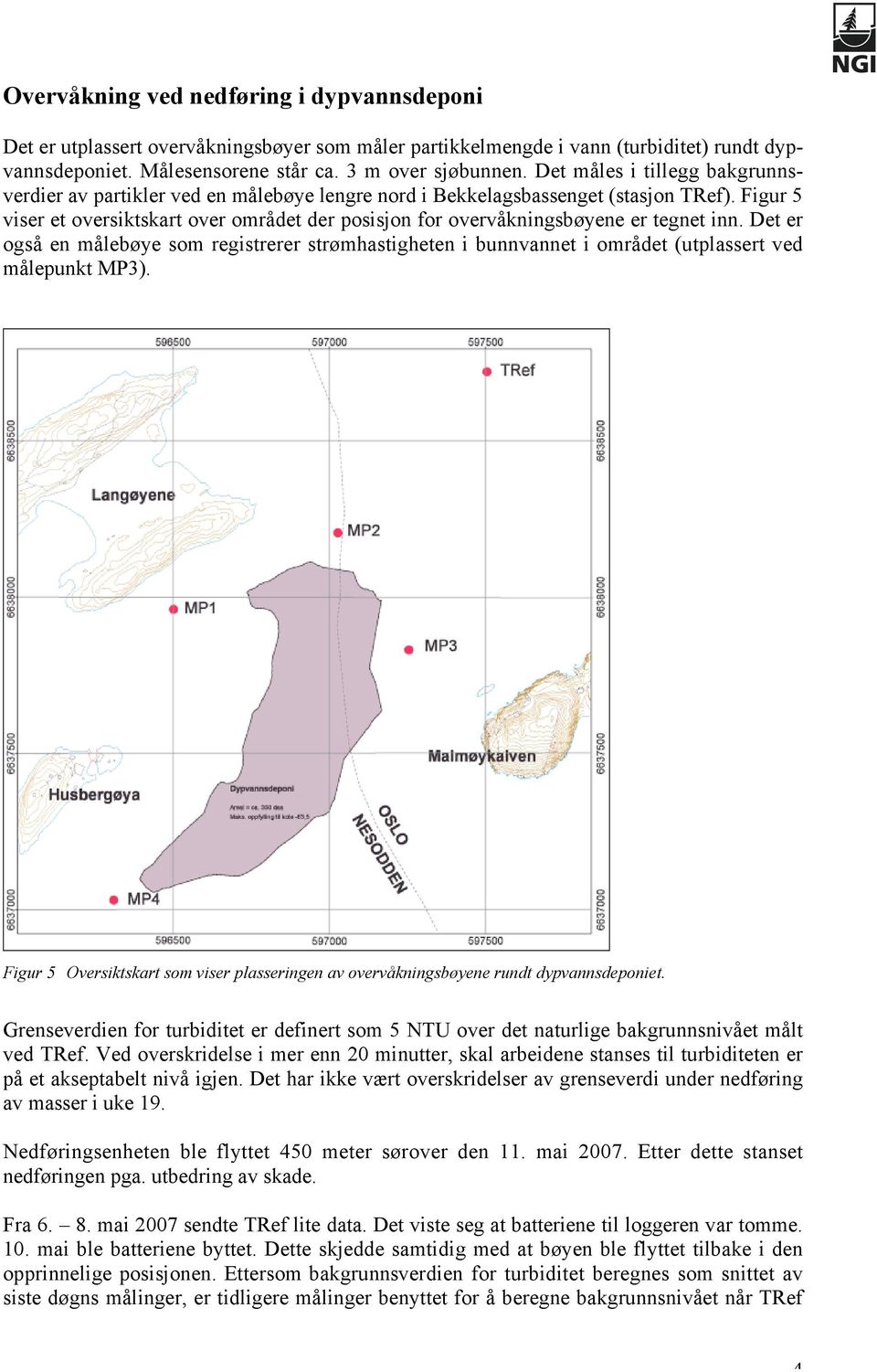 Figur 5 viser et oversiktskart over området der posisjon for overvåkningsbøyene er tegnet inn.