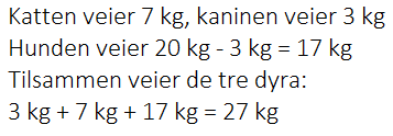 Hun og kanin veier 20 kg. Hund og katt veier 24 kg. Differensen mellom katt og kanin er 4 kg, og summen av de to er 10 kg.