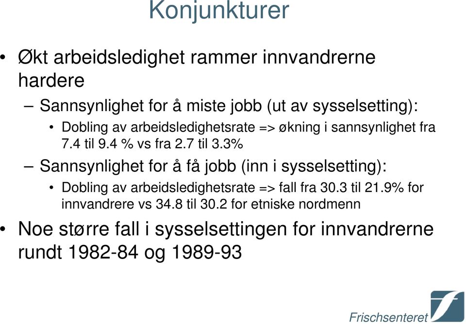 3% Sannsynlighet for å få jobb (inn i sysselsetting): Dobling av arbeidsledighetsrate => fall fra 30.3 til 21.