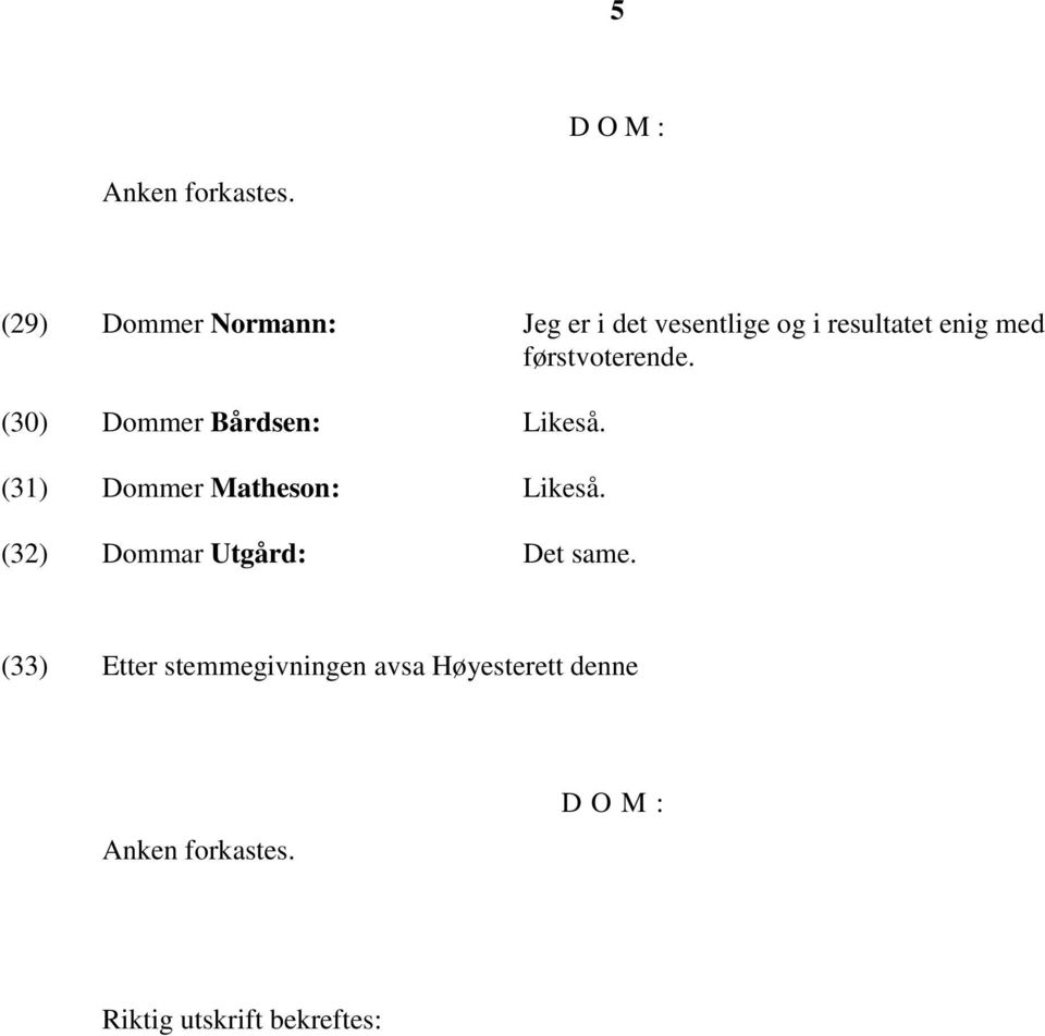 førstvoterende. (30) Dommer Bårdsen: Likeså. (31) Dommer Matheson: Likeså.