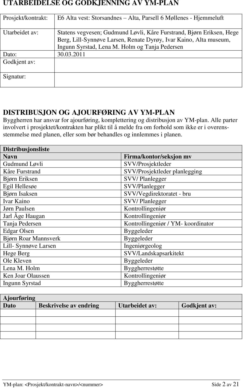 2011 Godkjent av: Signatur: DISTRIBUSJON OG AJOURFØRING AV YM-PLAN Byggherren har ansvar for ajourføring, komplettering og distribusjon av YM-plan.