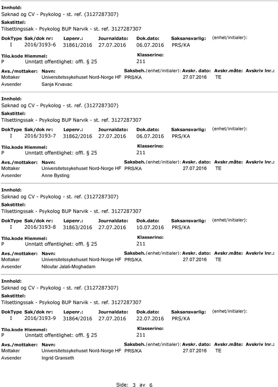 07.2016 Avs./mottaker: Navn: Saksbeh. Avskr. dato: Avskr.måte: Avskriv lnr.: Mottaker niversitetssykehuset Nord-Norge HF TE Anne Bysting nnhold: Søknad og CV - sykolog - st. ref.