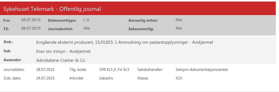 pasientopplysninger - Krav om innsyn -