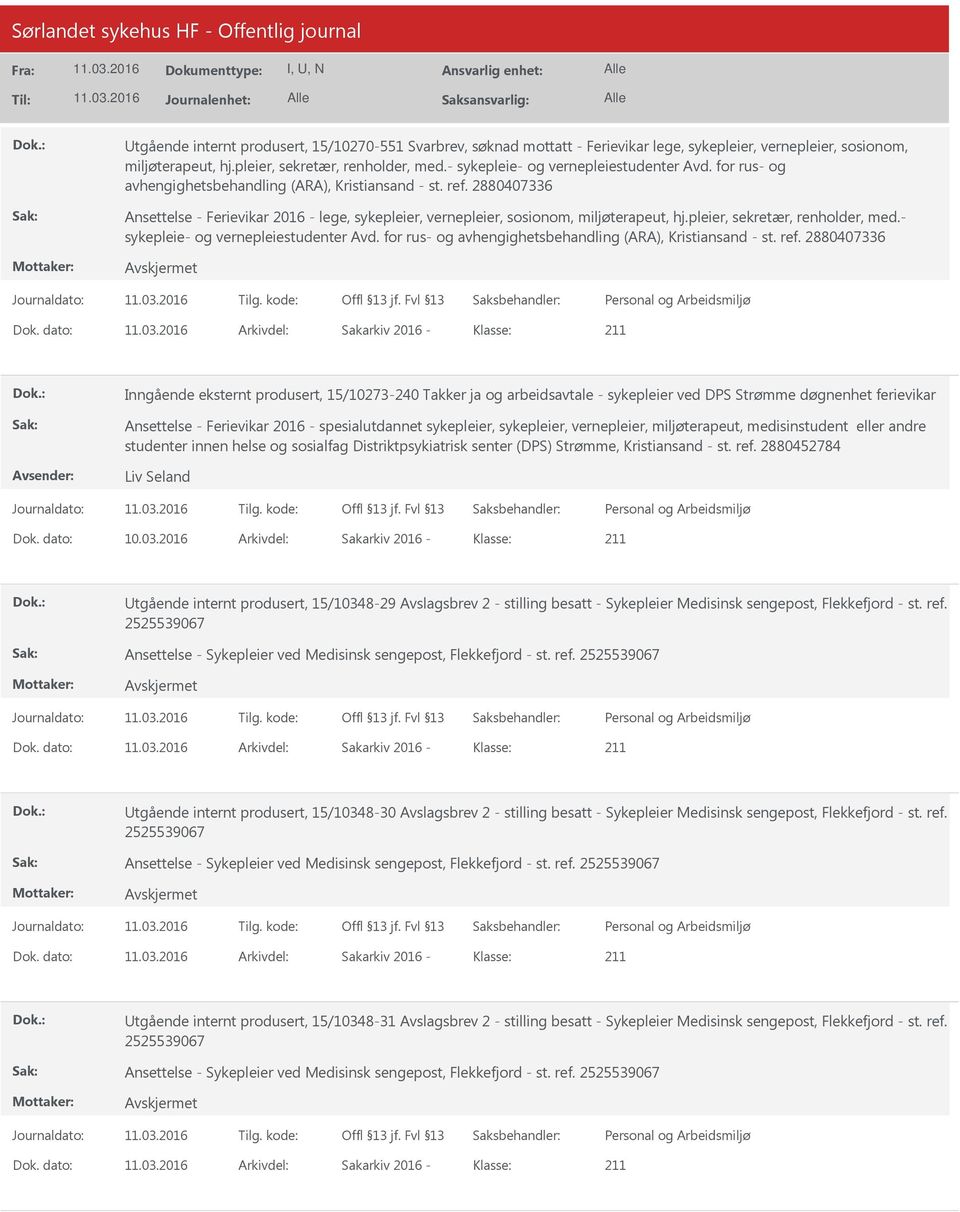 pleier, sekretær, renholder, med. sykepleie og vernepleiestudenter Avd. for rus og avhengighetsbehandling (ARA), Kristiansand st. ref. 2880407336 Dok.