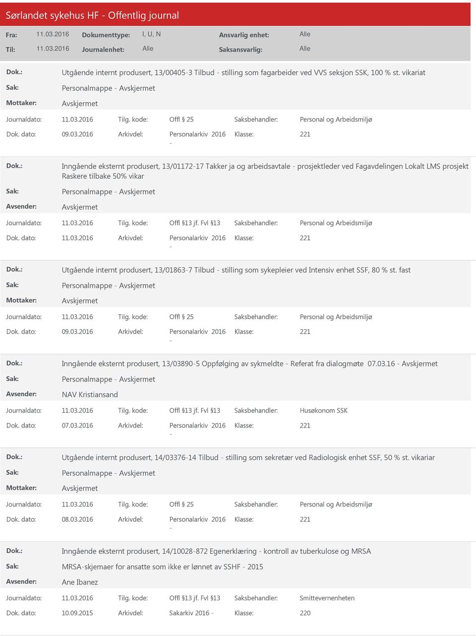 Personalmappe Dok. dato: Arkivdel: Personalarkiv 2016 Klasse: tgående internt produsert, 13/018637 Tilbud stilling som sykepleier ved Intensiv enhet SSF, 80 % st. fast Personalmappe Offl 25 Dok.