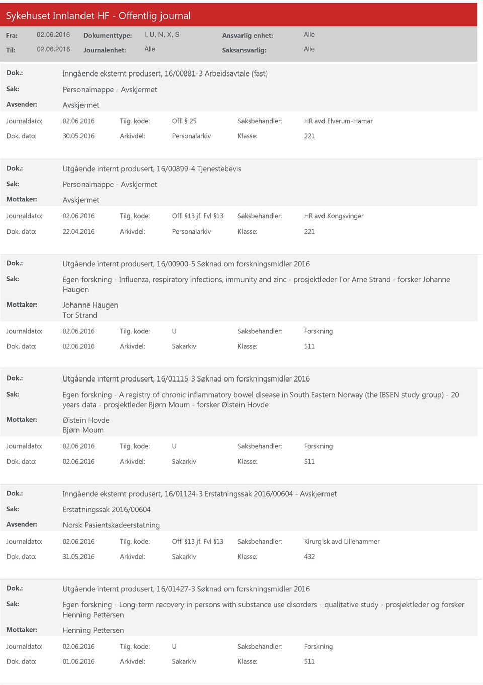 2016 Arkivdel: Personalarkiv tgående internt produsert, 16/00900-5 Søknad om forskningsmidler 2016 Egen forskning - Influenza, respiratory infections, immunity and zinc - prosjektleder Tor Arne