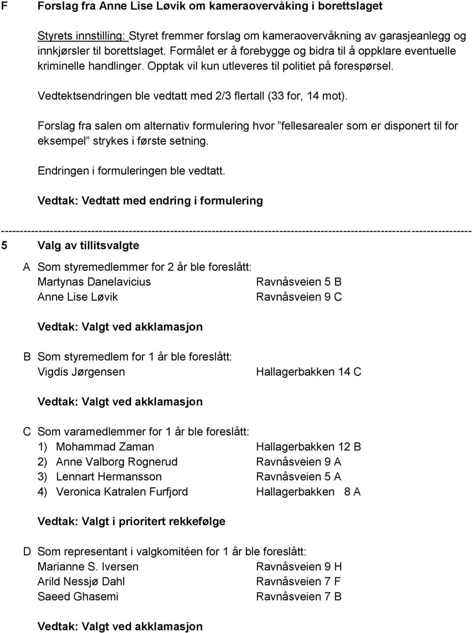 Forslag fra salen om alternativ formulering hvor fellesarealer som er disponert til for eksempel strykes i første setning. Endringen i formuleringen ble vedtatt.