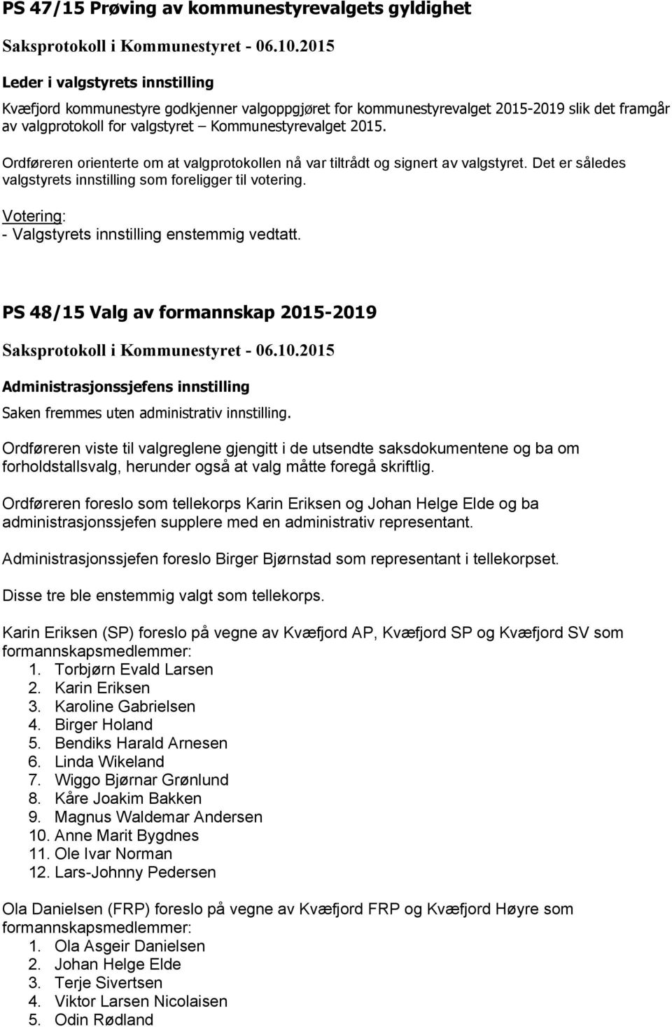 - Valgstyrets innstilling enstemmig vedtatt. PS 48/15 Valg av formannskap 2015-2019 Administrasjonssjefens innstilling Saken fremmes uten administrativ innstilling.