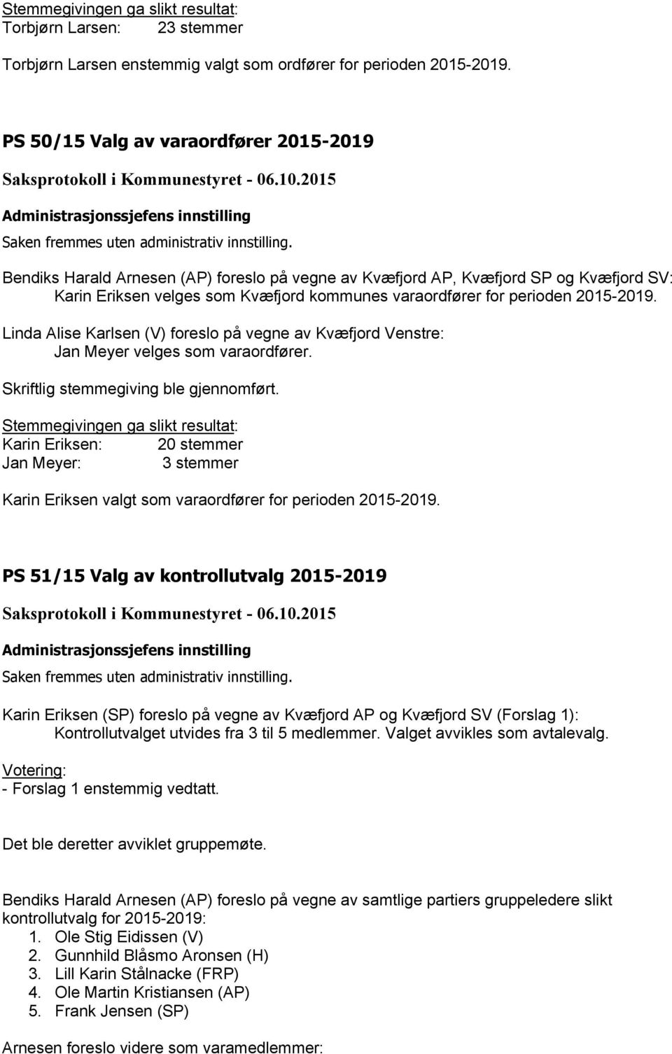 Bendiks Harald Arnesen (AP) foreslo på vegne av Kvæfjord AP, Kvæfjord SP og Kvæfjord SV: Karin Eriksen velges som Kvæfjord kommunes varaordfører for perioden 2015-2019.