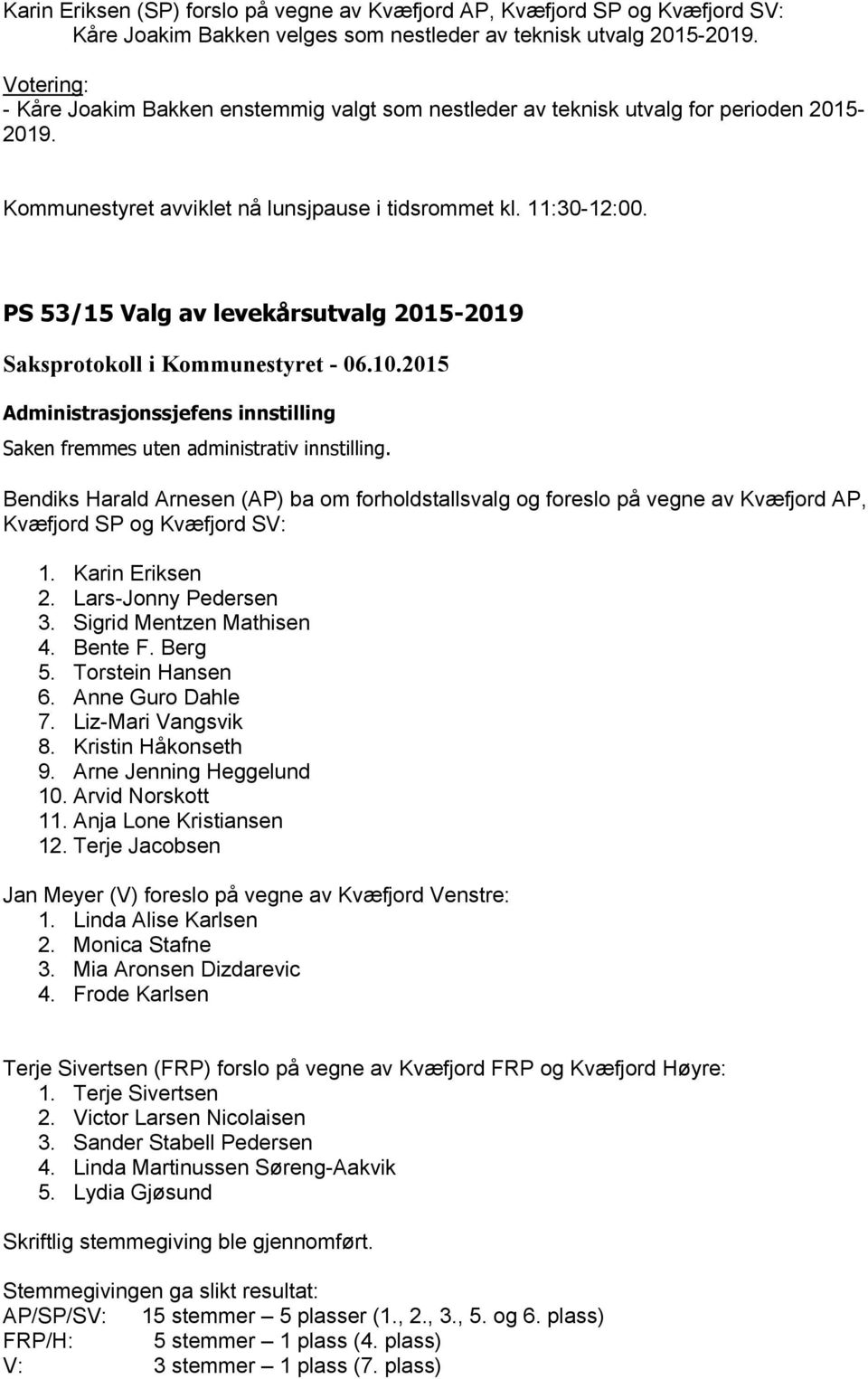 PS 53/15 Valg av levekårsutvalg 2015-2019 Administrasjonssjefens innstilling Saken fremmes uten administrativ innstilling.