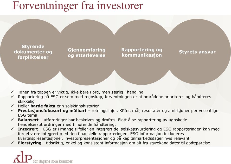 Prestasjonsfokusert og målbart retningslinjer, KPIer, mål, resultater og ambisjoner per vesentlige ESG tema Balansert utfordringer bør beskrives og drøftes.