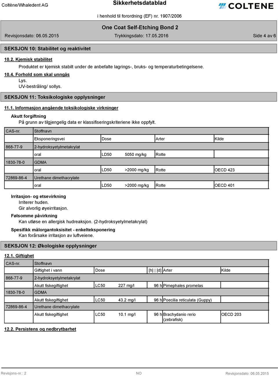 Eksponeringsvei 868-77-9 2-hydroksyetylmetakrylat oral 1830-78-0 GDMA oral 72869-86-4 Urethane dimethacrylate oral Dose LD50 5050 mg/kg Arter Rotte Kilde LD50 >2000 mg/kg Rotte OECD 423 LD50 >2000