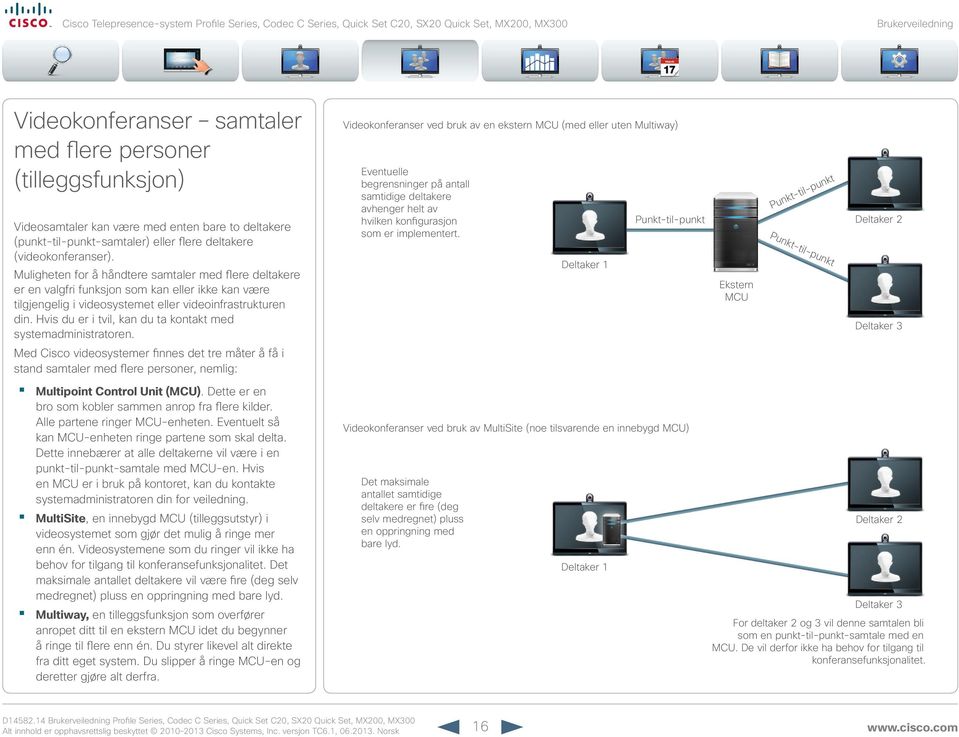 Hvis du er i tvil, kan du ta kontakt med systemadministratoren. Med Cisco videosystemer finnes det tre måter å få i stand samtaler med flere personer, nemlig: Multipoint Control Unit (MCU).