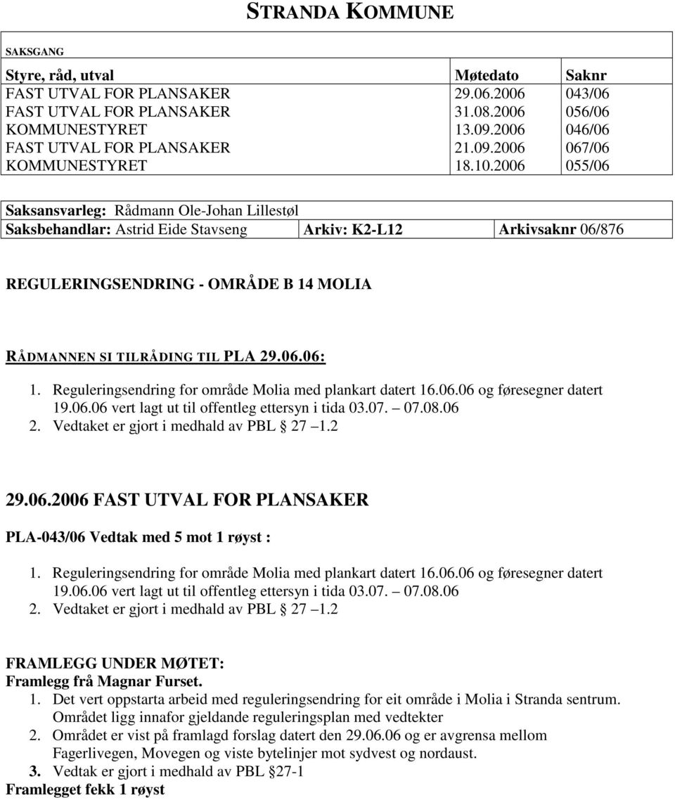 2006 055/06 Saksansvarleg: Rådmann Ole-Johan Lillestøl Saksbehandlar: Astrid Eide Stavseng Arkiv: K2-L12 Arkivsaknr 06/876 REGULERINGSENDRING - OMRÅDE B 14 MOLIA RÅDMANNEN SI TILRÅDING TIL PLA 29.06.06: 1.