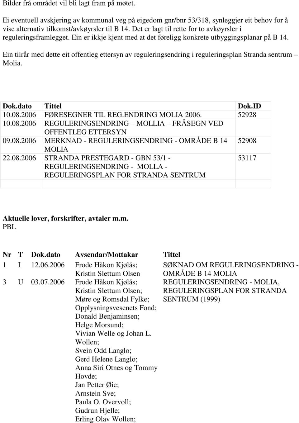 Ein tilrår med dette eit offentleg ettersyn av reguleringsendring i reguleringsplan Stranda sentrum Molia. Dok.dato Tittel Dok.ID 10.08.