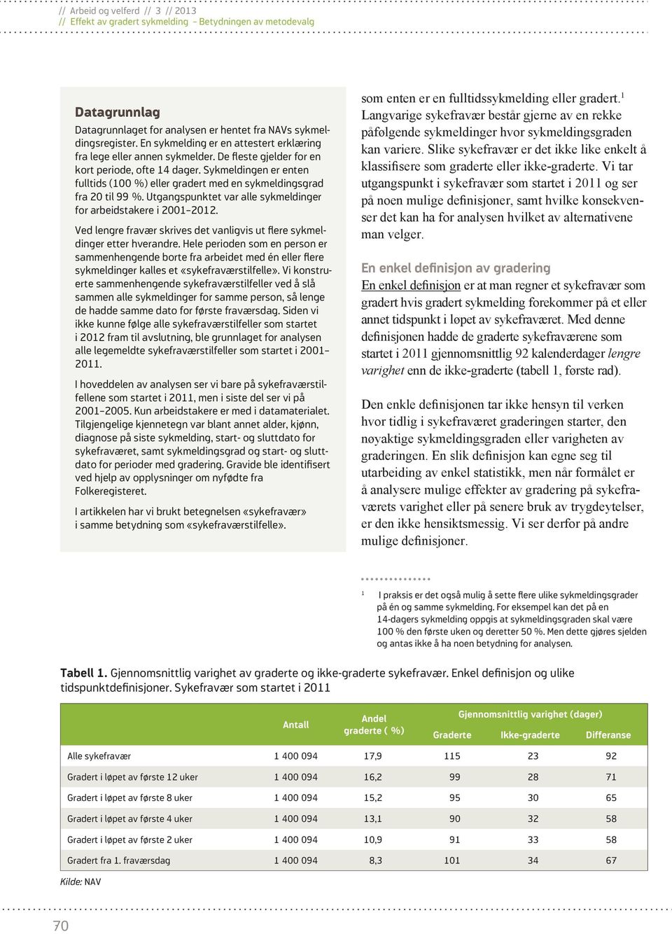 Utgangspunktet var alle sykmeldinger for arbeidstakere i 2001 2012. Ved lengre fravær skrives det vanligvis ut flere sykmeldinger etter hverandre.