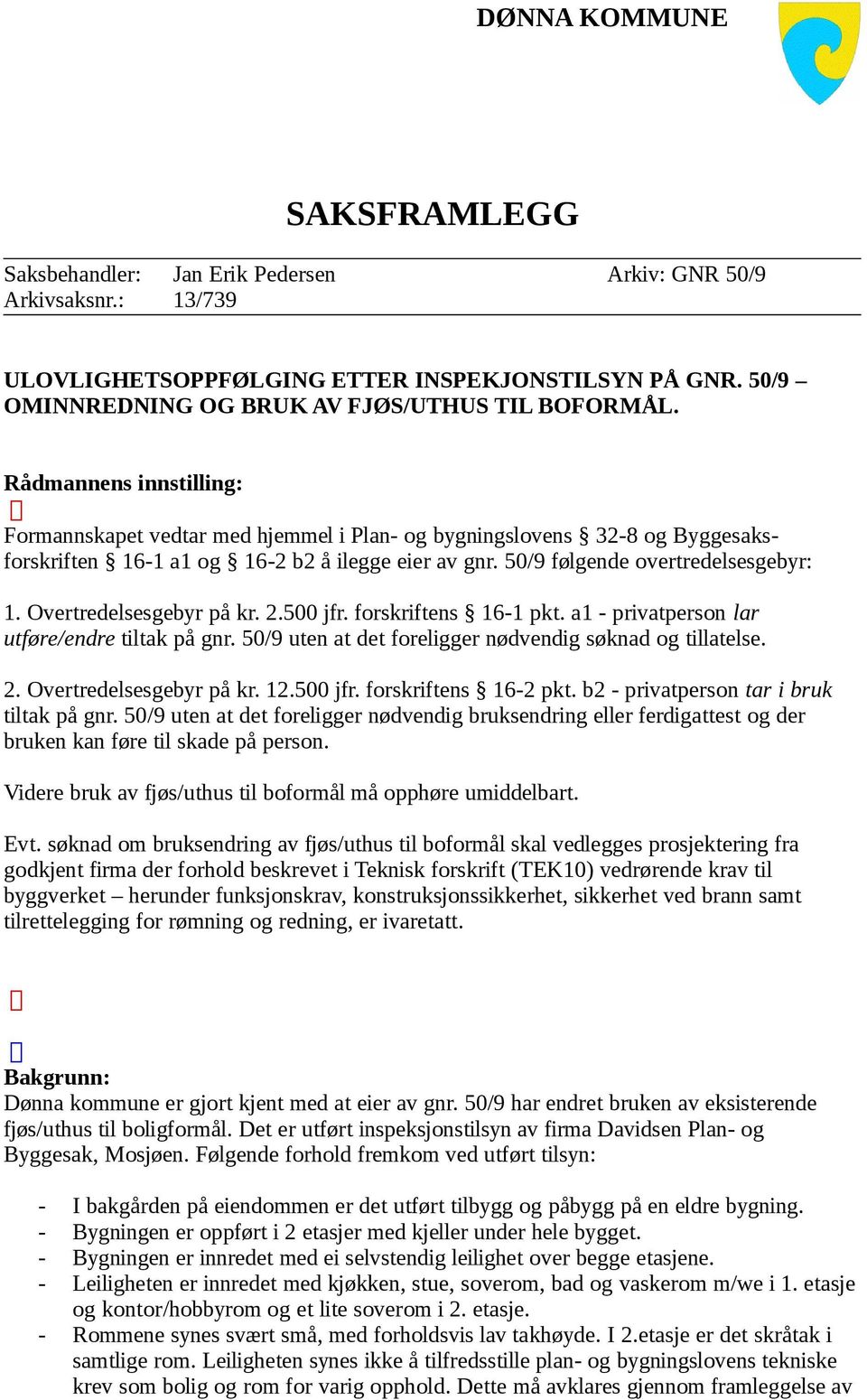 Overtredelsesgebyr på kr. 2.500 jfr. forskriftens 16-1 pkt. a1 - privatperson lar utføre/endre tiltak på gnr. 50/9 uten at det foreligger nødvendig søknad og tillatelse. 2. Overtredelsesgebyr på kr.