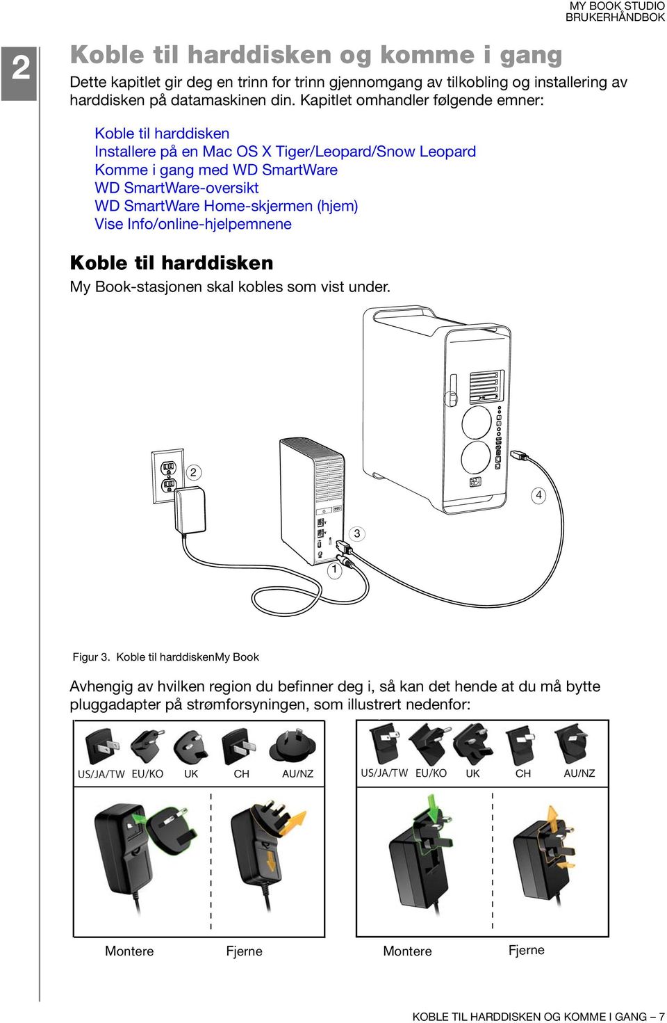 Home-skjermen (hjem) Vise Info/online-hjelpemnene Koble til harddisken My Book-stasjonen skal kobles som vist under. 2 4 3 1 Figur 3.