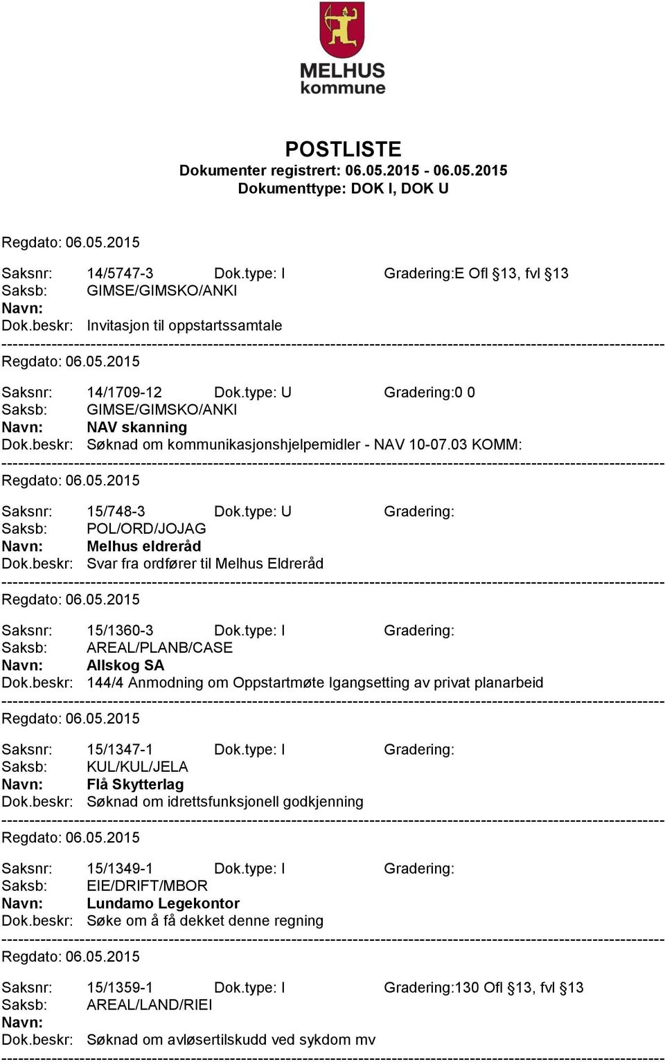 type: U Gradering: Saksb: POL/ORD/JOJAG Melhus eldreråd Dok.beskr: Svar fra ordfører til Melhus Eldreråd Saksnr: 15/1360-3 Dok.type: I Gradering: Saksb: AREAL/PLANB/CASE Allskog SA Dok.