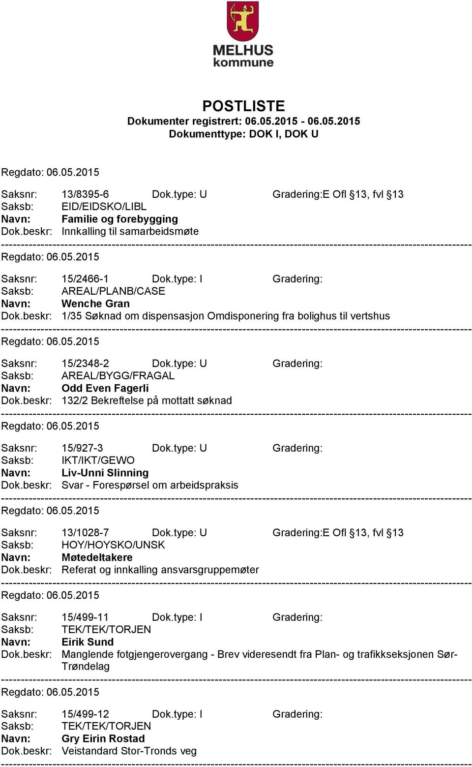 type: U Gradering: Saksb: AREAL/BYGG/FRAGAL Odd Even Fagerli Dok.beskr: 132/2 Bekreftelse på mottatt søknad Saksnr: 15/927-3 Dok.type: U Gradering: Saksb: IKT/IKT/GEWO Liv-Unni Slinning Dok.