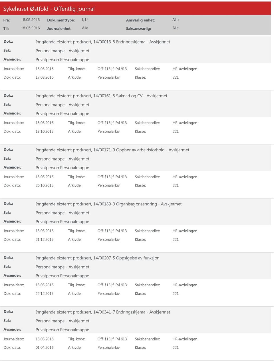 2015 Arkivdel: Personalarkiv Inngående eksternt produsert, 14/00171-9 Opphør av arbeidsforhold - Avskjermet Dok. dato: 26.10.