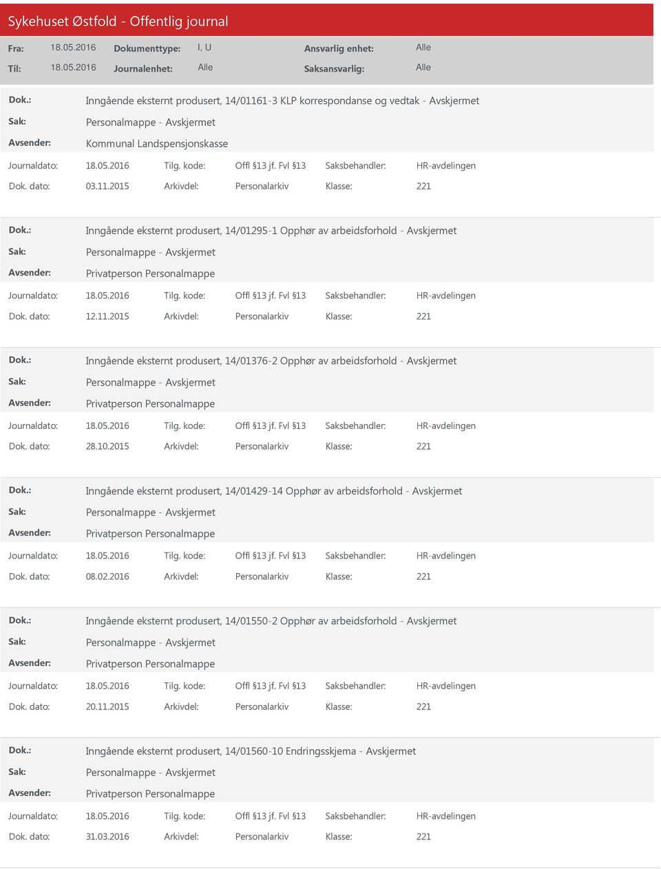 2015 Arkivdel: Personalarkiv Inngående eksternt produsert, 14/01429-14 Opphør av arbeidsforhold - Avskjermet Dok. dato: 08.02.