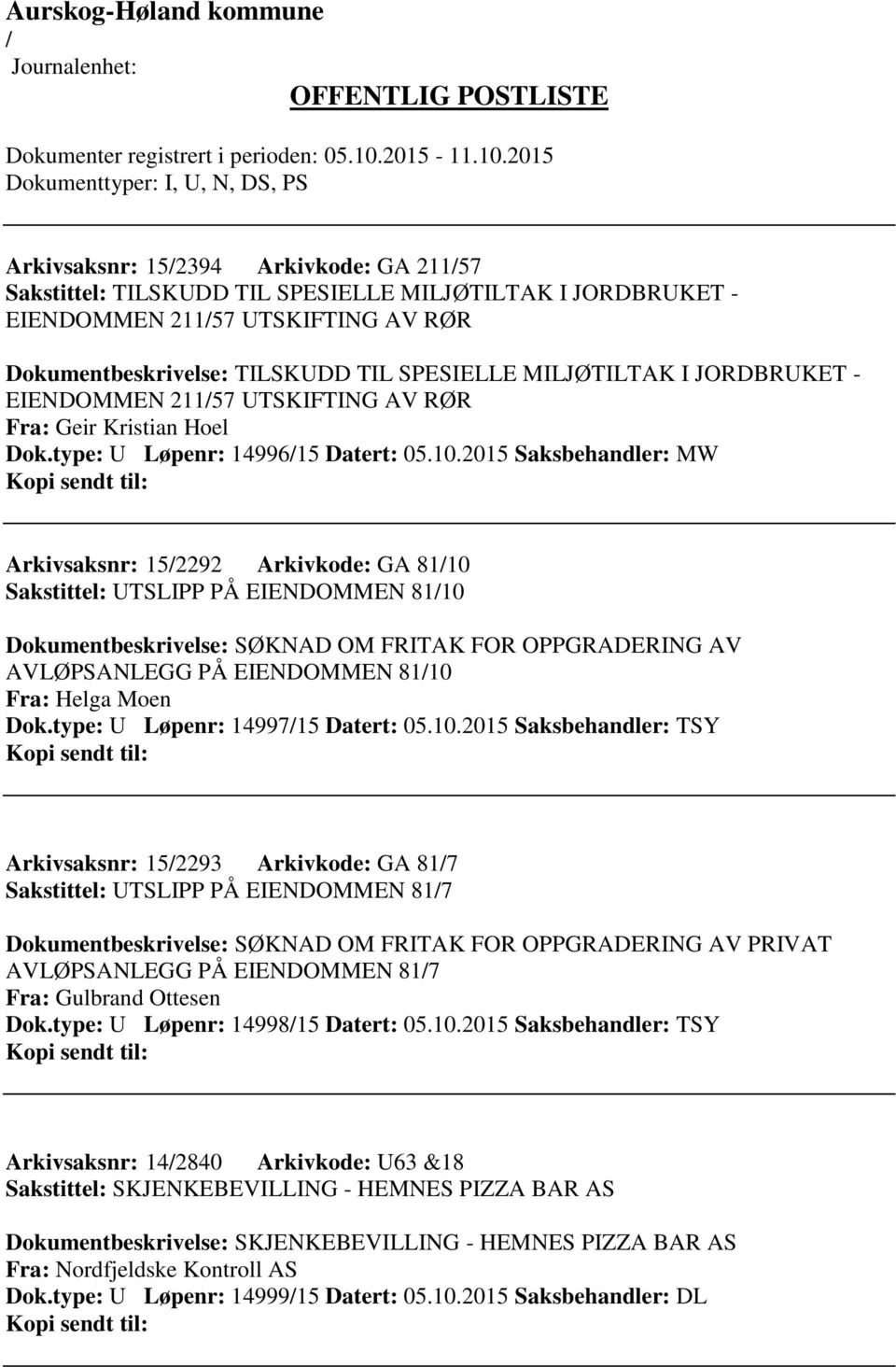 2015 Saksbehandler: MW Arkivsaksnr: 152292 Arkivkode: GA 8110 Sakstittel: UTSLIPP PÅ EIENDOMMEN 8110 Dokumentbeskrivelse: SØKNAD OM FRITAK FOR OPPGRADERING AV AVLØPSANLEGG PÅ EIENDOMMEN 8110 Fra: