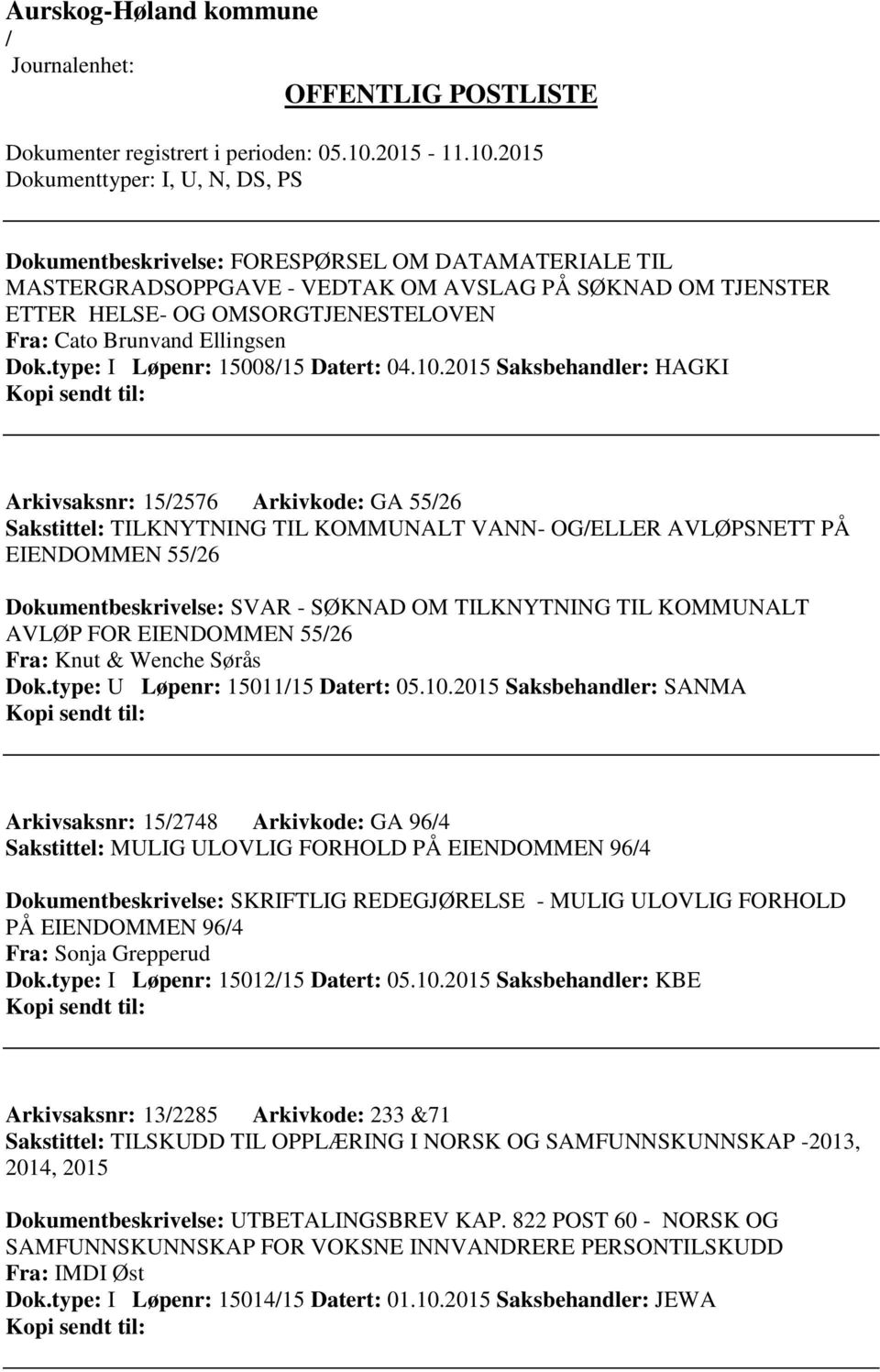 2015 Saksbehandler: HAGKI Arkivsaksnr: 152576 Arkivkode: GA 5526 Sakstittel: TILKNYTNING TIL KOMMUNALT VANN- OGELLER AVLØPSNETT PÅ EIENDOMMEN 5526 Dokumentbeskrivelse: SVAR - SØKNAD OM TILKNYTNING