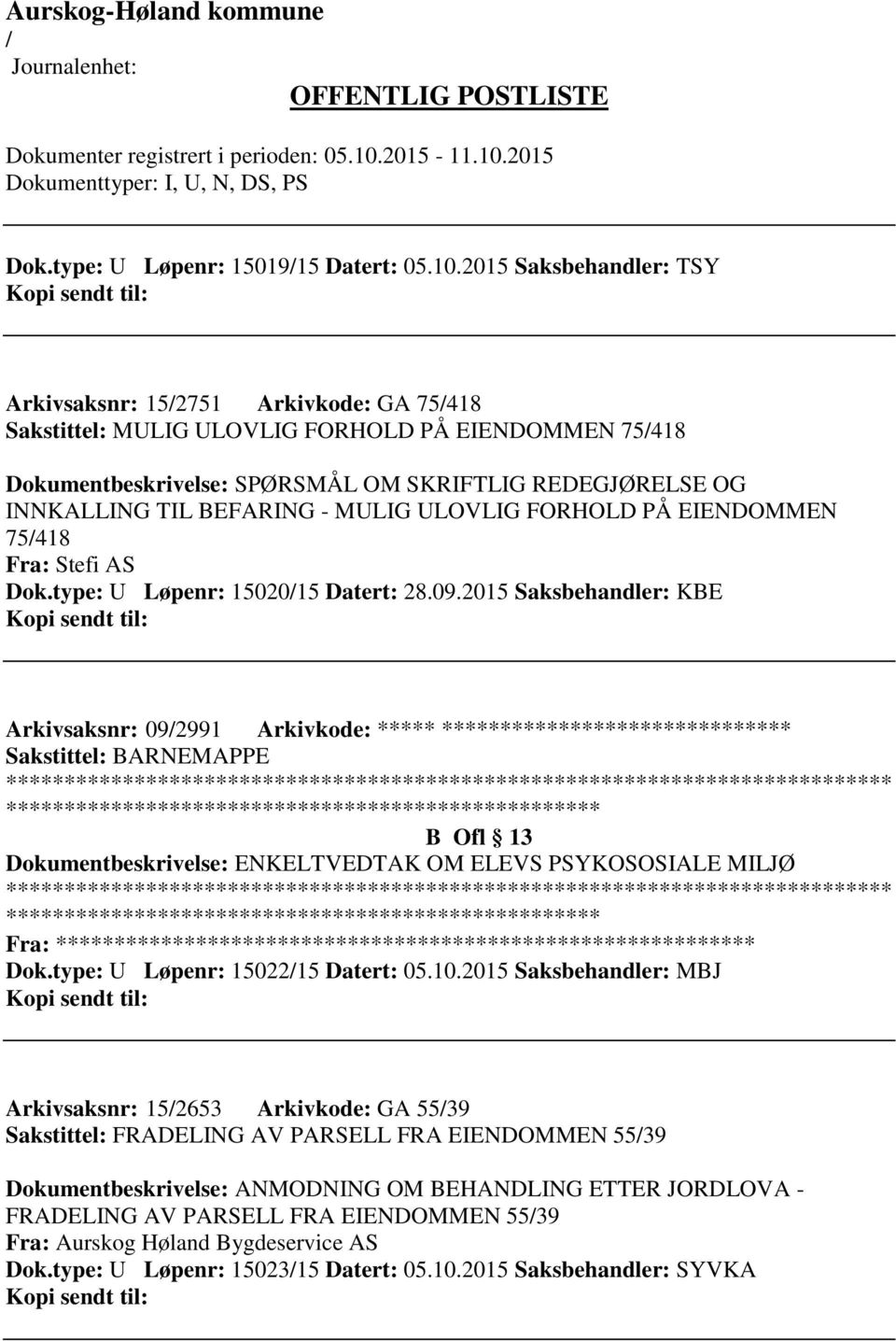 BEFARING - MULIG ULOVLIG FORHOLD PÅ EIENDOMMEN 75418 Fra: Stefi AS Dok.type: U Løpenr: 1502015 Datert: 28.09.