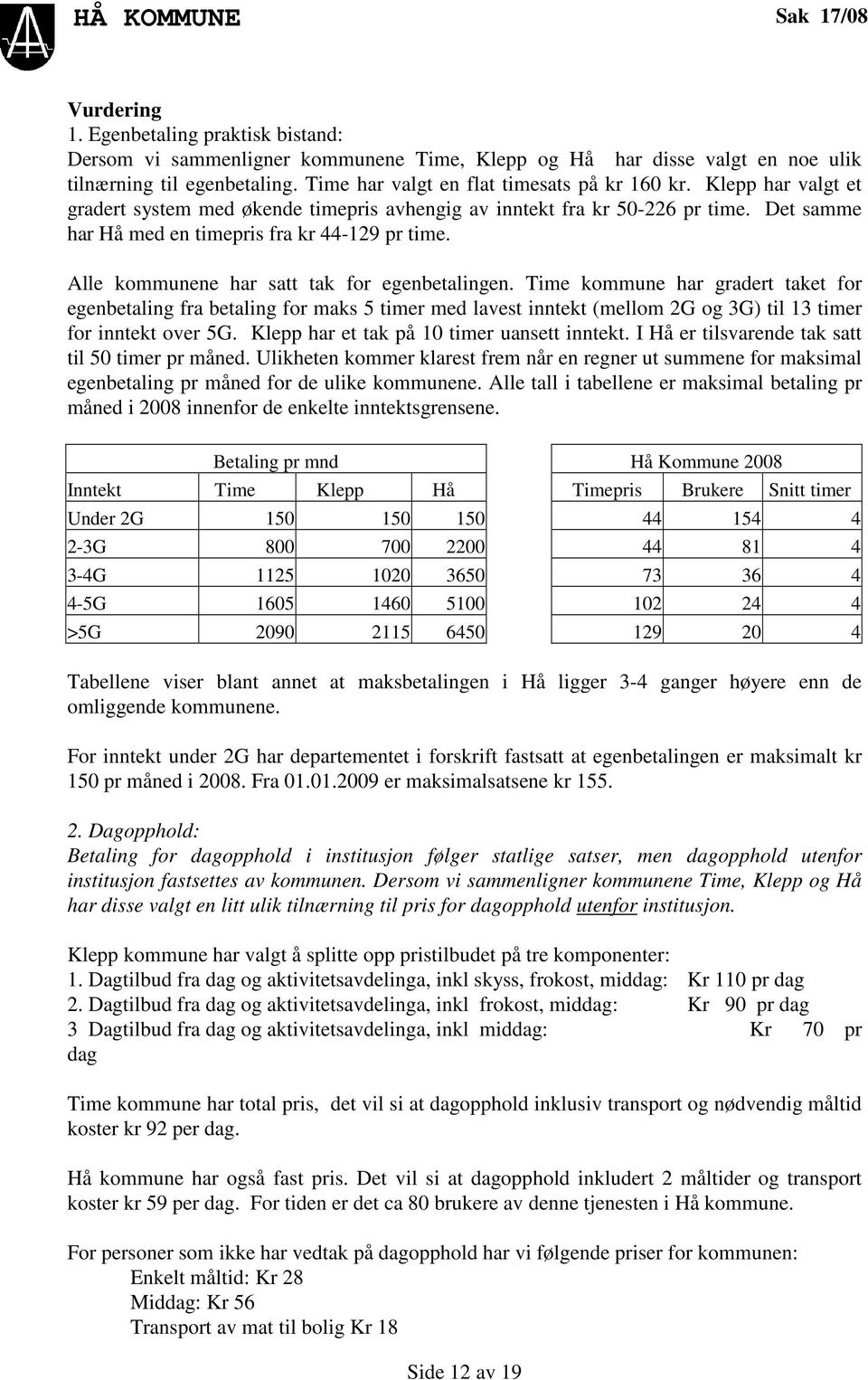 Alle kommunene har satt tak for egenbetalingen. Time kommune har gradert taket for egenbetaling fra betaling for maks 5 timer med lavest inntekt (mellom 2G og 3G) til 13 timer for inntekt over 5G.