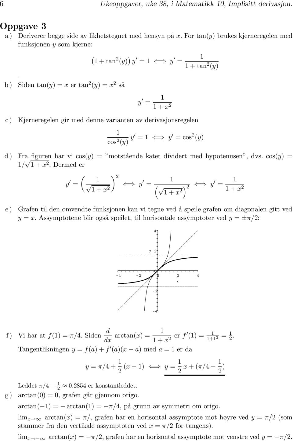 med hypotenusen, dvs. cos(y) / +.Dermeder ( ) y y + ( + ) y + e ) Grafen til den omvendte funksjonen kan vi tegne ved å speile grafen om diagonalen gitt ved y.